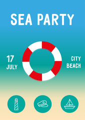 Sea party poster with lifebuoy, boat, lighthouse and hat on the gradient background. Invitation flyer template for fun night. A4 scaled vector illustration