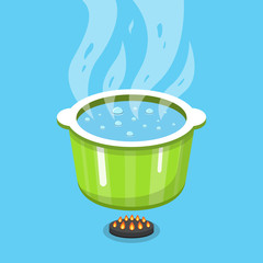 Boiling water in pan. Cooking pot on stove with water and steam. Vector illustration.