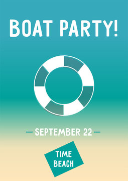 Boat party poster template with lifebuoy on the gradient background. A4 scaled vector illustration. Invitation flyer for fun summer entertainment