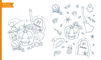 Halloween decoration objects doodle icon collection. Pumpkin lantern, broom, hat, gravestone, spider web.