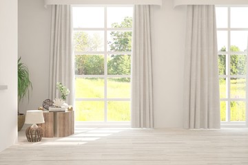 Fototapeta na wymiar Stylish empty room in white color with summer landscape in window. Scandinavian interior design. 3D illustration