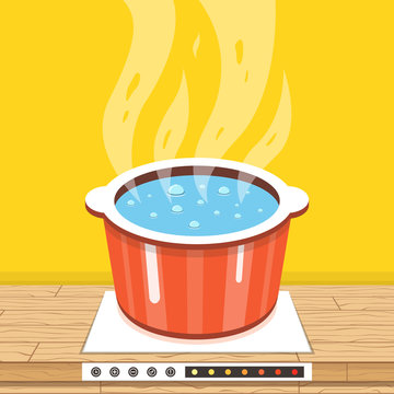 Boiling water in pan. Cooking pot on stove with water and steam. Vector illustration.