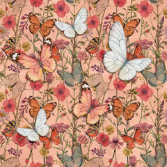 Fototapeta na wymiar olden seamless texture with butterflies in meadow flowers on shabby grunge background. watercolor painting