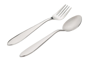 Metal fork and spoon isolated on white background