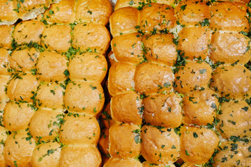 bread food background brown wheat graine roll lot pastries batch product baked herb dressing garlic