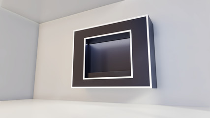 Showcase with lights for samples product. 3D rendering.