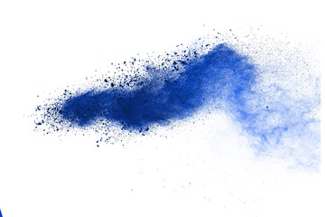 Abstract blue powder explosion isolated on white background.