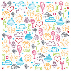 Hand draw Kids doodle background. Objects from a child's life.