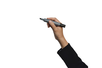 Business woman hand holding black marker pen writing to something isolated on white background.