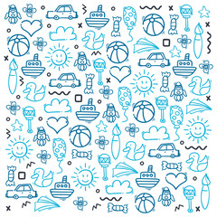 Hand draw Kids doodle background. Objects from a child's life.