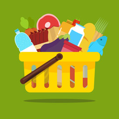 Shopping basket with one handle. Food and drink products in basket. Concept for online grocery ordering. Vector flat illustration.
