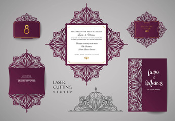 Wedding invitation or greeting card with gold floral ornament. Wedding invitation envelope for laser cutting. Vector illustration.