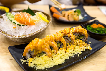 Salmon Ikura don. Raw salmon with rice. focus selective.