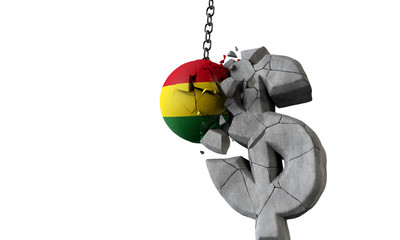 Bolivia flag ball smashing a USA dollar currency symbol. 3D Render