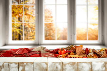 Desk of free space and autumn decoration. 
