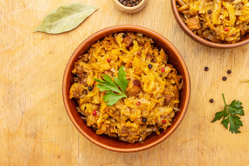 Stewed (braised) cabbage served on ethnic ceramic bowl
