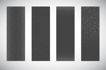 Vertical winter, New Year, Christmas banners design set. Falling snow, snowflakes, flakes borders, hand drawn dot frames. Splash, uneven spots, spray texture, pearls dotty backgrounds collection. 