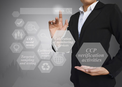 Businesswoman with presentation element of CCP verification activities for use in company, manufacturing and training.