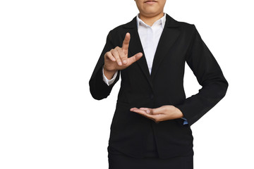 Business woman with hand showing blank sign isolated on white background.