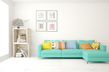 Stylish room in white color with sofa. Scandinavian interior design. 3D illustration