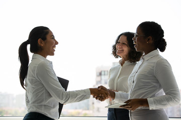Positive female business partners greeting each other. Business women standing near office window,...