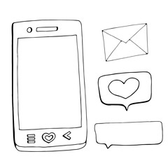 smartphone, vector illustration, logo, isolate. letter icon, heart, like, speech bubble for text. doodle, hand drawing