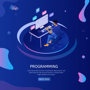 Programmer isometric character. Programming concept, web engineer at work.