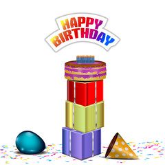 Gift boxes, cake, birthday hat and balloon with happy birthday text - Vector