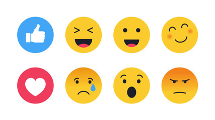 Set of cute smiley emoticons. Emoji set with different reactions for social network. Modern vector illustration