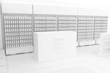 3D Illustration Rendering. Clean Pharmacy views on white backgorund for presentation and mockup blueprints. Architectural visualization of Modern interior design store. Retail chemist shop - side