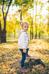 little smiling blond cute toddler girl at autumn city park