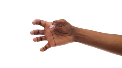 Afro woman's hand grabbing something invisible on white background