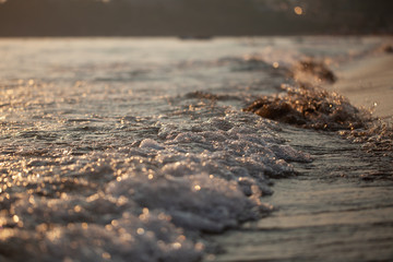 sea wave and sandy beach. sunset light. beautiful natural background