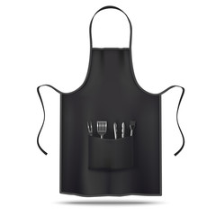 Black Apron Mockup with Grill Utensils in Realistic Style