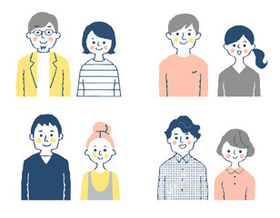 4 sets of  smiling young couples, upper body