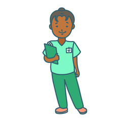 Isolated Female Nurse in Doodle Hand-Drawn Style