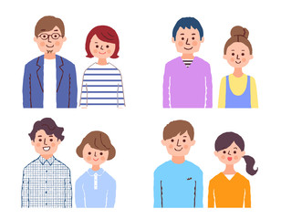 4 sets of  smiling young couples, upper body