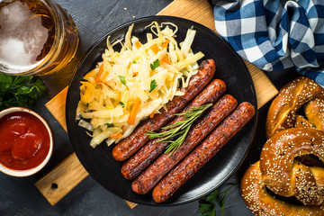 Sausage, sauerkraut, bretzels and beer.