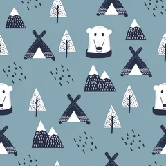 Fototapete Berge Kinder im skandinavischen Stil, Babytextur für Stoff, Textilien, Pyjamas, Kleidung. Handzeichnung, weiße Bären nahtlos