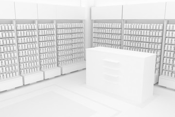 3D Illustration Rendering. Clean Pharmacy views on white backgorund for presentation and mockup blueprints. Architectural visualization of Modern interior design store. - Side