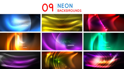 Set of shiny glowing backgrounds, neon graphic futuristic energy concepts, fluid color waves
