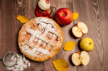 Obraz na płótnie Canvas Home cooking. Delicious Apple pie, red and yellow apples, powdered sugar on wooden background.