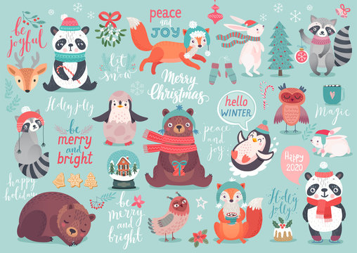 Christmas set, hand drawn style - calligraphy, animals and other elements.