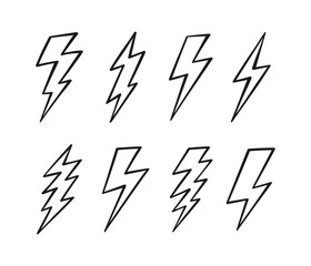 Super Set hand drawn Lightning bolt. Thunderbolt, lightning strike. Modern flat style vector illustration