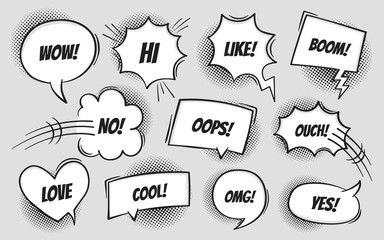 Comic book text speech bubble in pop art style with halftone shadows. Talk chat retro speak message with different expression text. Vector illustration, retro pop art style