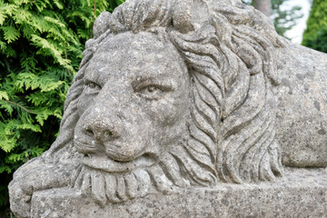 Fragment, stone, antique, sculpture of a lion in the park.