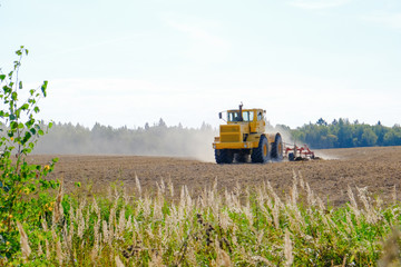 Obraz premium A farm tractor cultivates land after harvesting grain.