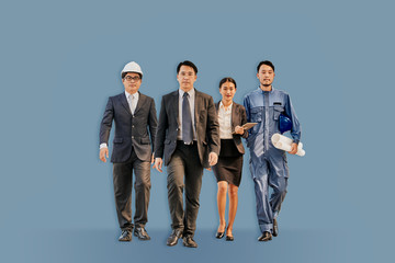 Team of asian professional business people walking together as a teamwork on pastel background with copyspace