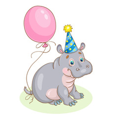 Little cute hippo is sitting in a festive hat and with a pink balloon. In cartoon style. Isolated a white background.