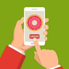 Hand holding smartphone with donut on the screen. Order fast food concept. Flat vector illustration.